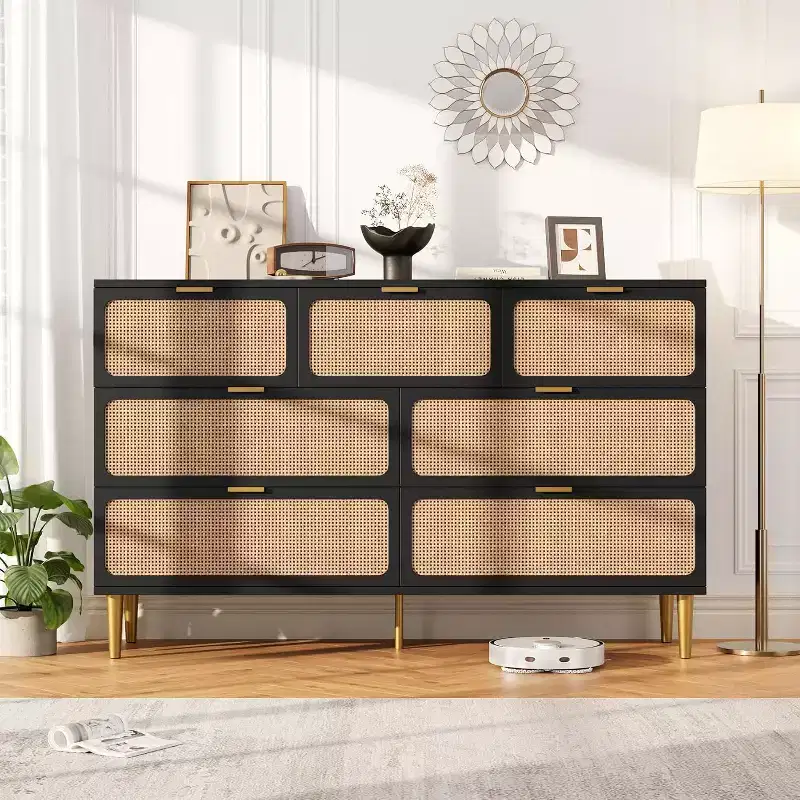 7-Drawer Rattan Dresser - Tall Wooden Chest with Deep Drawers & Wide Top for Bedroom, Living Room, Hallway or Closet