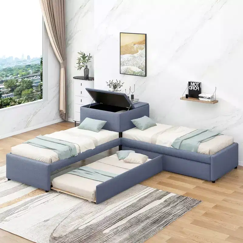 Twin Size L-Shaped Platform Bed with Trundle, 2 Drawers and Built-in Table, Gray, 119x119x37.2 in
