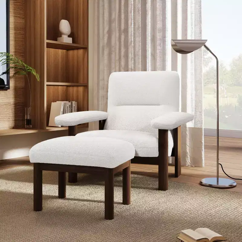 Modern Accent Chair with Ottoman, Mid Century Lounge Chair, Comfy Fabric Armchair with Solid Wood Frame for Living Room, White