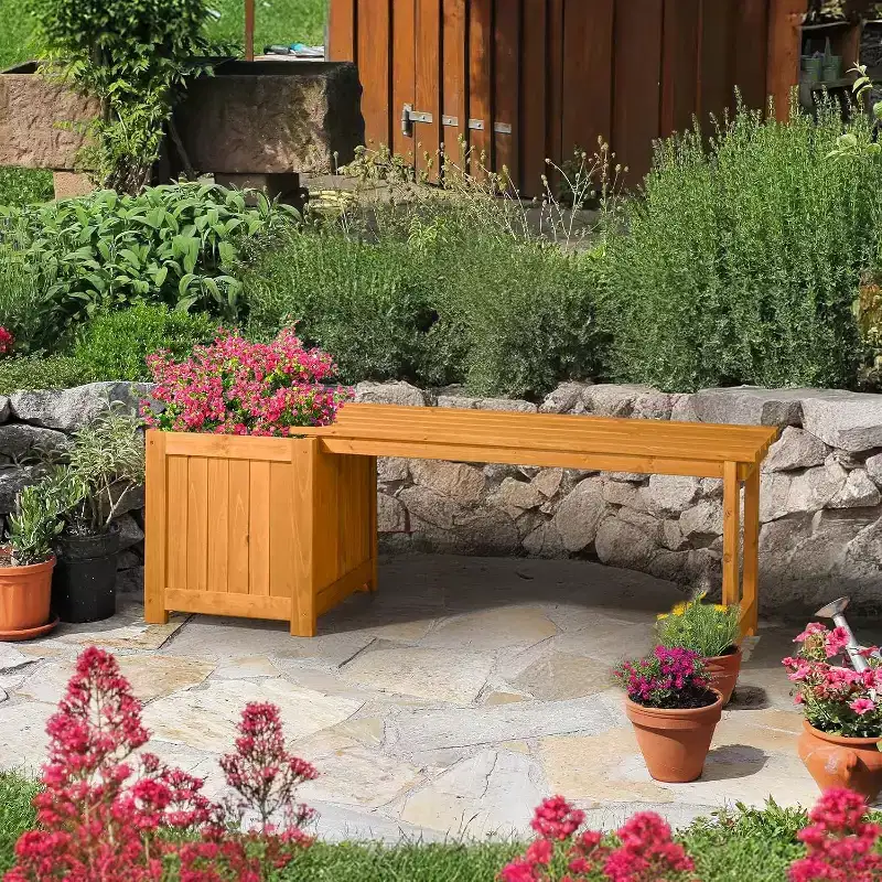 VINGLI Outdoor Wood Bench with Planter Boxes, 2-in-1 All-Weather Porch Bench Seat  Open-Ended Raised Garden Bed, for Balcony Patio(1 Box)