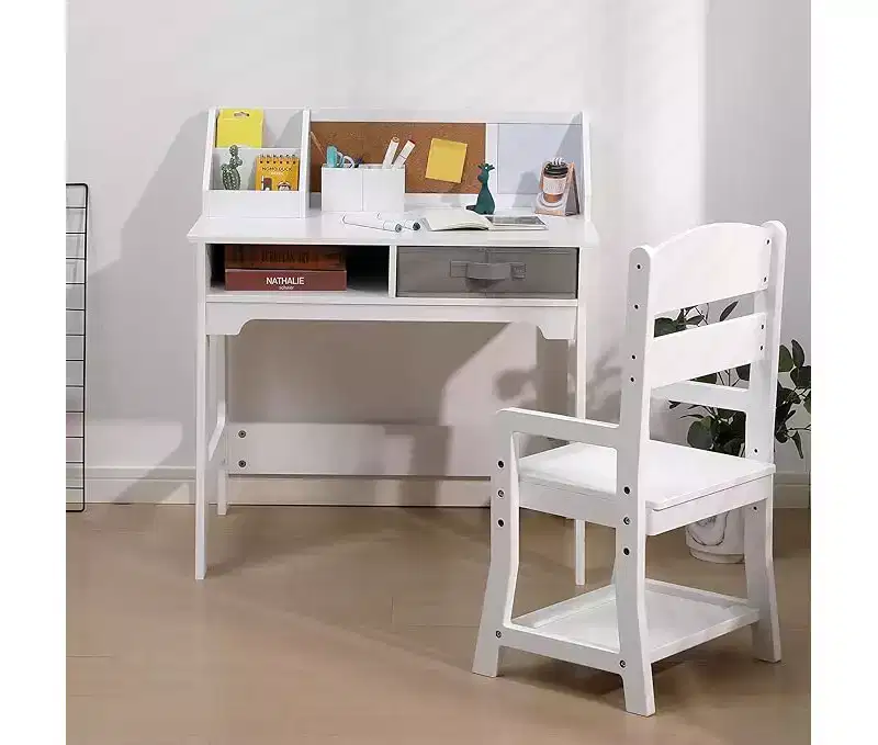 Kids Desk and Chair Set, Wooden Study Table with Storage Bins, Bookshelf, Bulletin Board, and Pen Holder, Writing Table for Boys and Girls