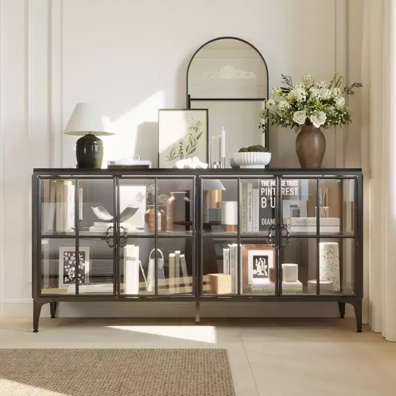 Famapy Glass Door Bookshelves Bookcase Display Storage Cabinet Sideboard with Metal Frame and LED Light for Dining Room
