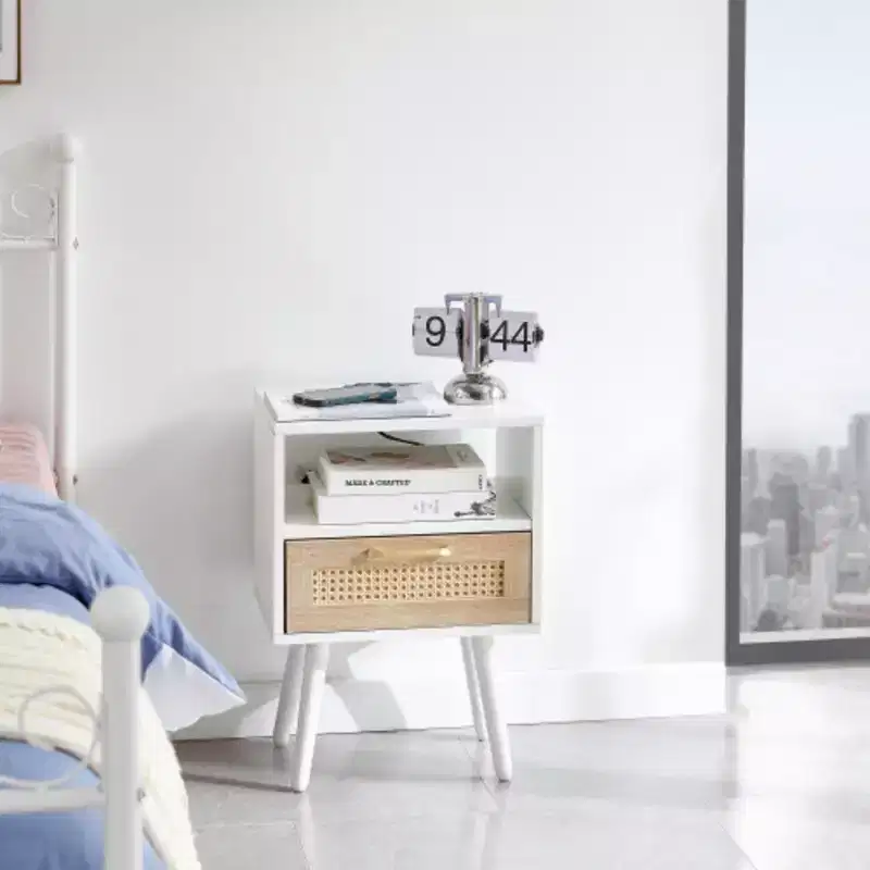 15.75 Rattan End table with Power Outlet & USB Ports , Modern nightstand with drawer and solid wood legs, side table for living room, bedroom, white