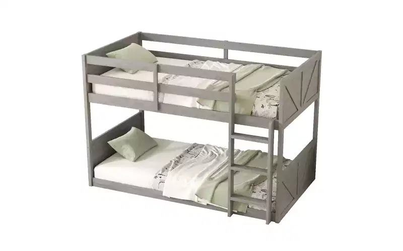 Low Twin Over Twin Bunk Bed, Solid Rubberwood Frame with Built-in Ladder, Space Saving, No Box Spring Needed, White