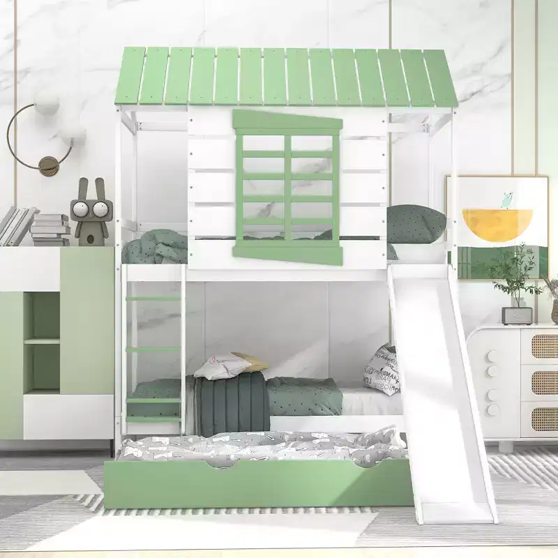 Twin over Twin Bunk Bed with Convertible Slide and Trundle, White+Green