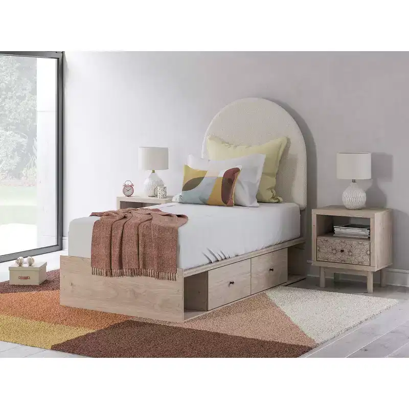 1-Drawer Kids Nightstand with USB Charging Port in Light Oak with Floral Accent Drawer