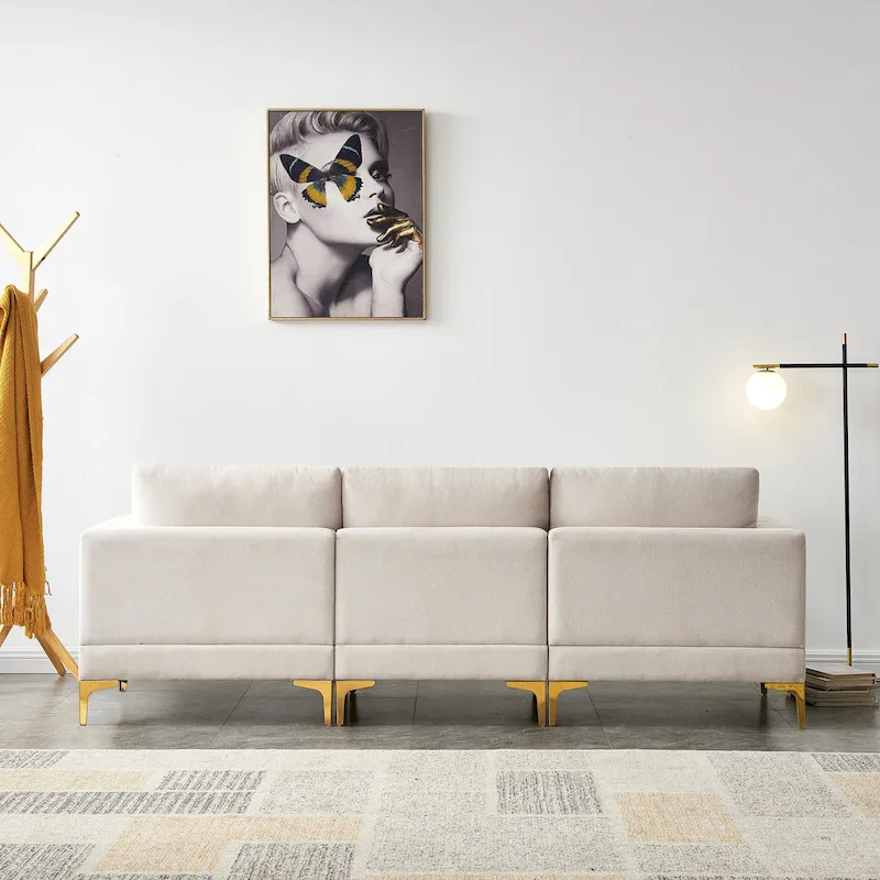 Christopher Knight Home - Beige L-Shape Sectional Sofa with Gold Metal Legs and Ottoman