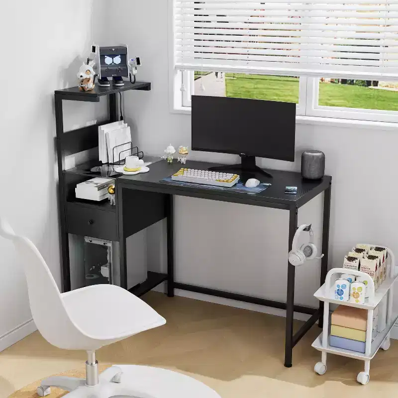 Okak 48IN Computer Desk with Metal Frame, Gaming Desk with Storage Shelves and 1 Drawer, Writing Desk for Living Room, Study