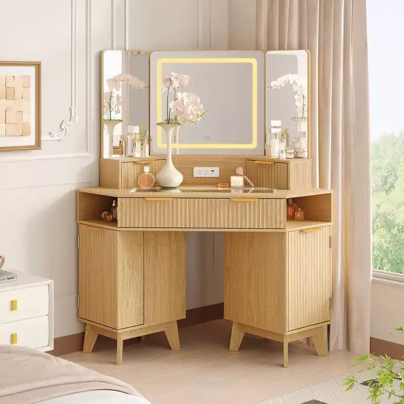 48 in Fluted Makeup Vanity Desk, Large Lighted Corner Vanity with HD Triple Mirror and Lights, Dressing Table