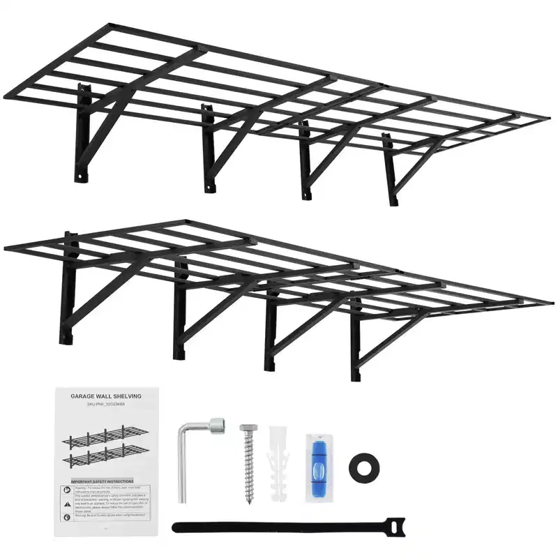 Shelving 2 Packs 2x6ft Garage Tube Storage Rack with Heavy Duty Ceiling Mount, Floating Shelves for Wall, Storage Shelves, Adjustable Hooks