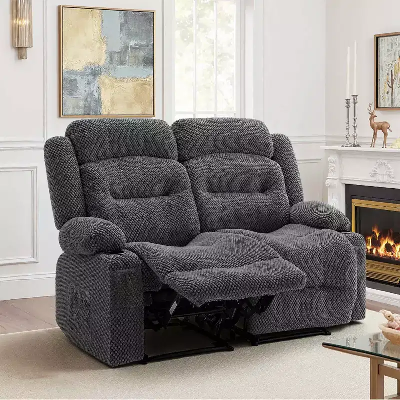 VEVOR Loveseat Recliner Sofa, Manual Reclining Couch with Heating and Massage, Soft Corduroy Recliner Sofa with USB Ports, Cup Holders ,Grey