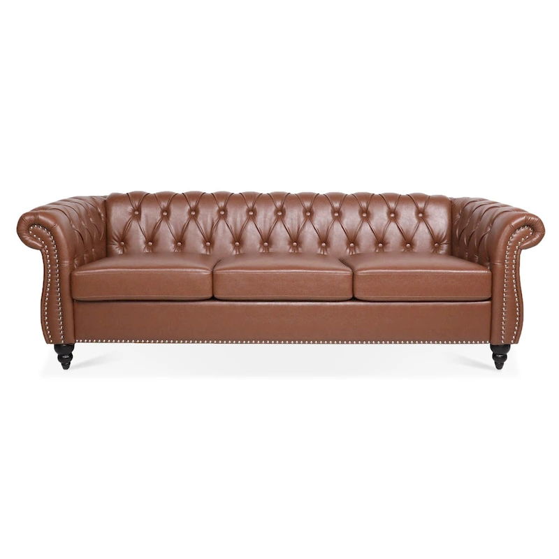 Rolled Arm Faux Leather Chesterfield Sofa with Removable Cushions