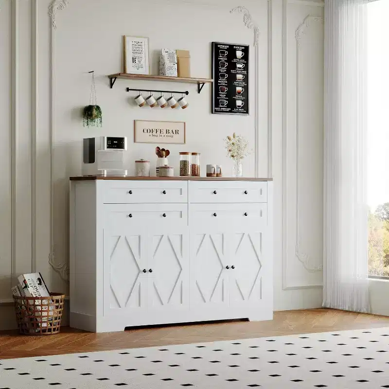 Modern Buffet Cabinet with Storage,Farmhouse Sideboard with 4 Doors & 4 Drawers,Large Wood Buffet Cabinet for Dining Room, Kitchen,white