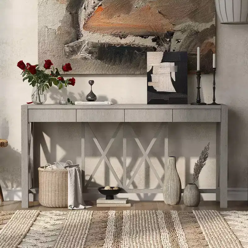 TUYOHW 60 Acacia Wood Console Table with 4 Drawers,Farmhouse Entryway Table with X-Leg Design,Slim Sofa Table for Living Room,Kitchen,Hallway