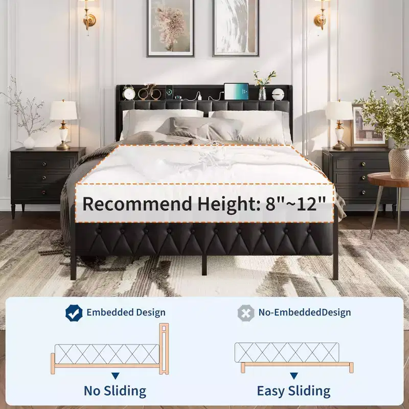 Bed Frame with PU Faux Leather Button Headboard with Charging Station, Metal Platform with Storage, Noise-Free, No Box Spring Needed, Easy Assembly