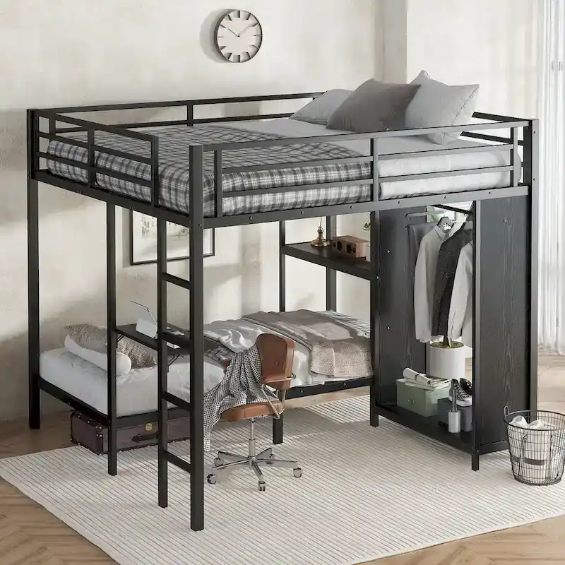 King over Twin XL Bunk Bed Frame with Built-in Wardrobe and Foldable Desk, Black