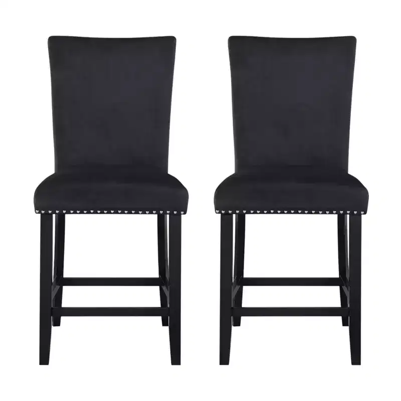 HomeRoots Set of Two 25 Black Wood and Velvet Counter Height Bar Chairs