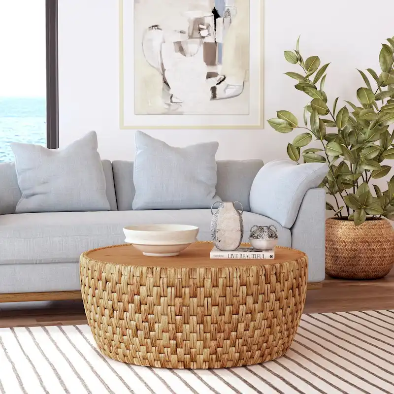 Round Rattan Drum Coffee Table