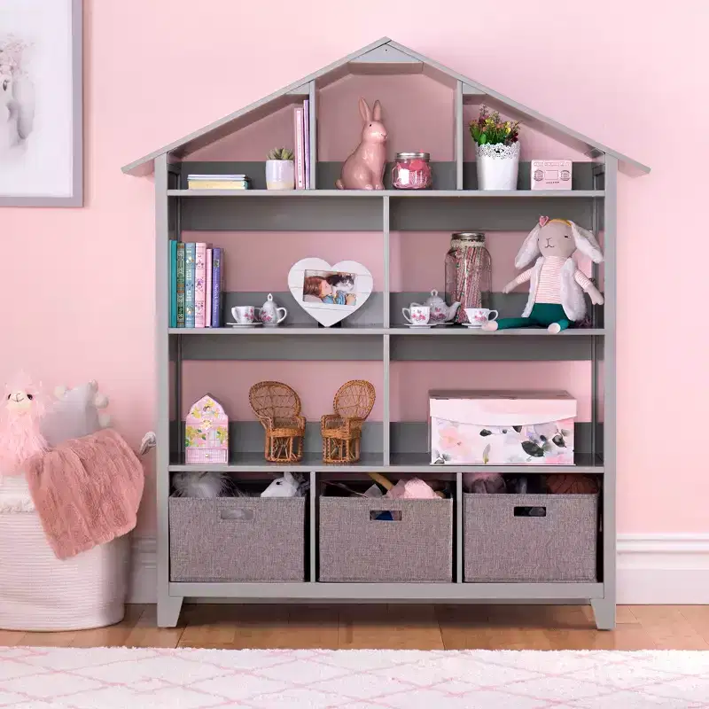 Martha Stewart Kids' Deluxe Dollhouse Bookshelf: Children's Wooden Bedroom Bookcase and Toy Organizer with Storage Bins
