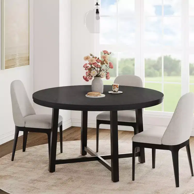 Round Dining Table for 4-6, 47 Industrial Dinner Table with Metal Base, Kitchen Table for Dining Room, Small Space, Apartment