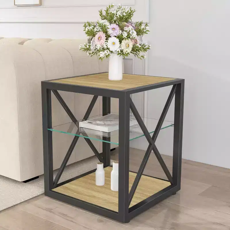 Modern Industrial End Table with Metal Frame & Tempered Glass Shelf, Living Room & Bedroom