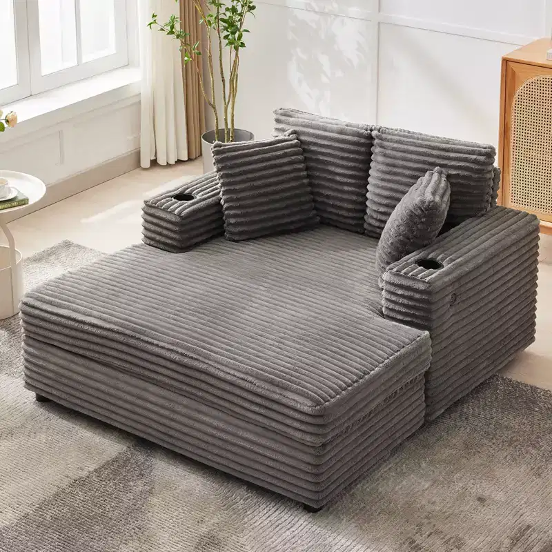 54 Oversized Chaise Lounge Chair, Upholstered Sleeper Sofa Bed with 4 Pillows & Cup Holder, Corduroy Comfy Sofa Couch for Living Room Bedroom