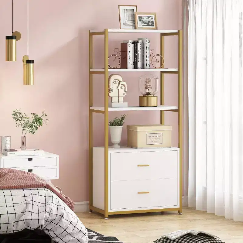 4-Tier Bookshelf with 2 Drawers – Metal Frame, Particle Board, 60