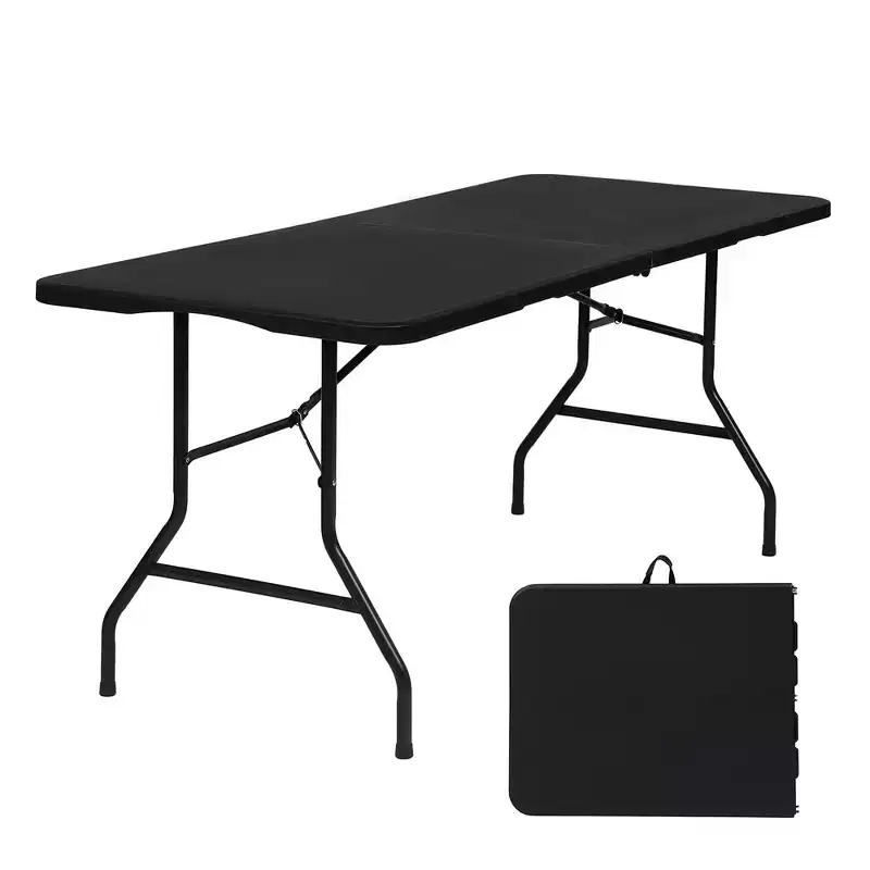 6-Foot Fold-in-Half Portable Folding Table, HDPE Plastic, Seats 8-10, Black