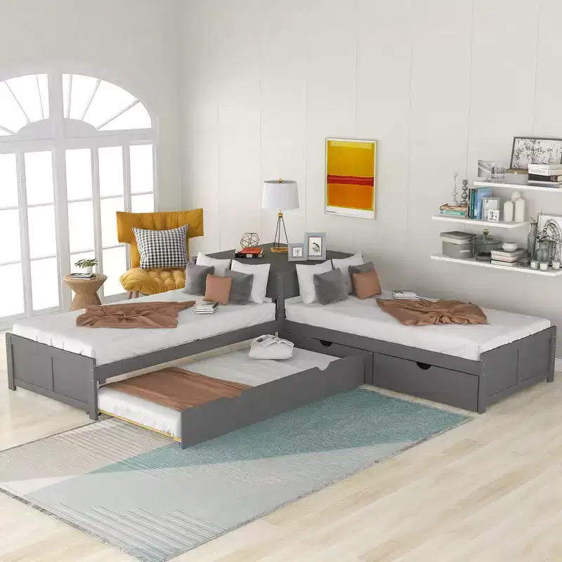 Twin Size L-Shaped Platform Bed with Trundle and Drawers Linked with Built-in Desk, Gray - ModernLuxe