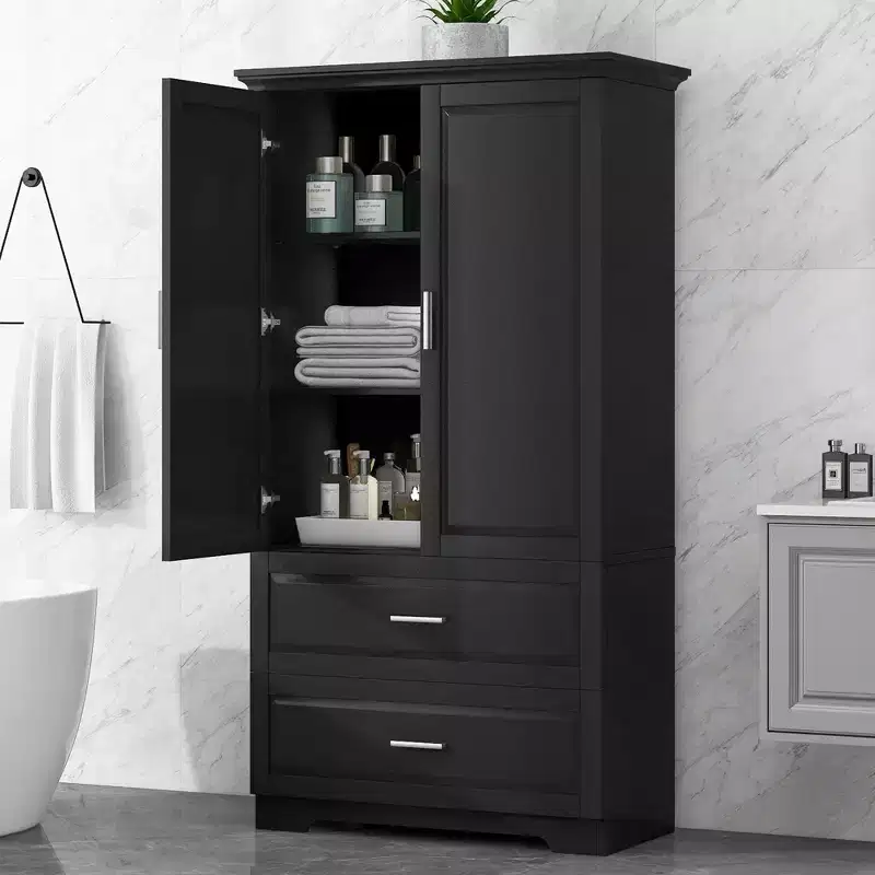 Tall Bathroom Storage Cabinet with Two Doors and Drawers, Adjustable Shelf, MDF Board