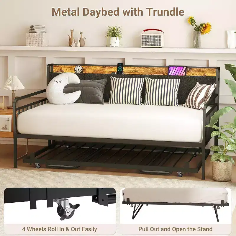Twin Daybed with Pop-Up Trundle, LED Headboard for Guest Rooms