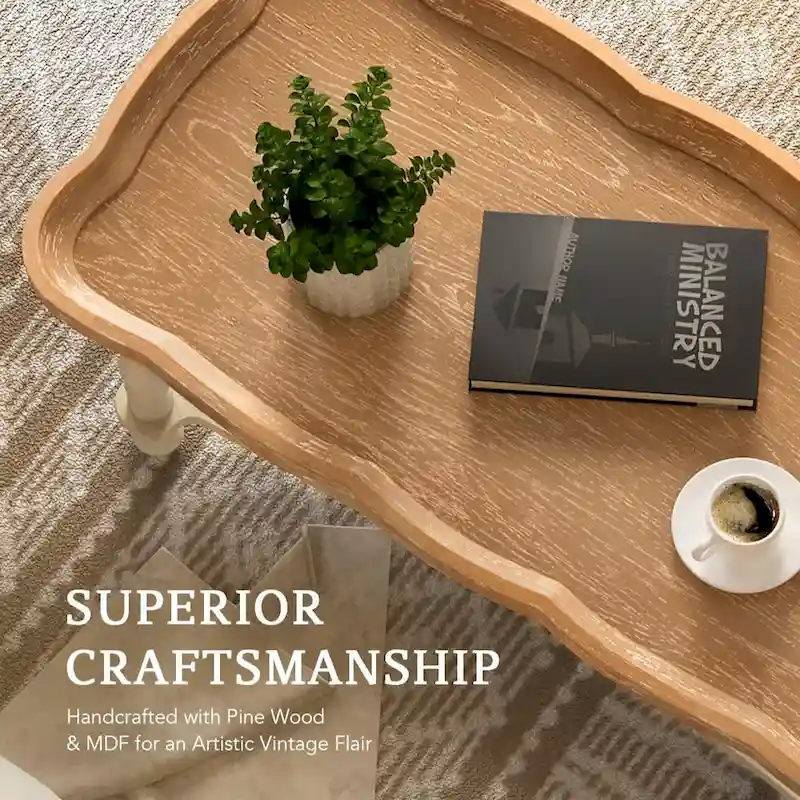 French Farmhouse Coffee Table with Natural Tray Top and Shelf