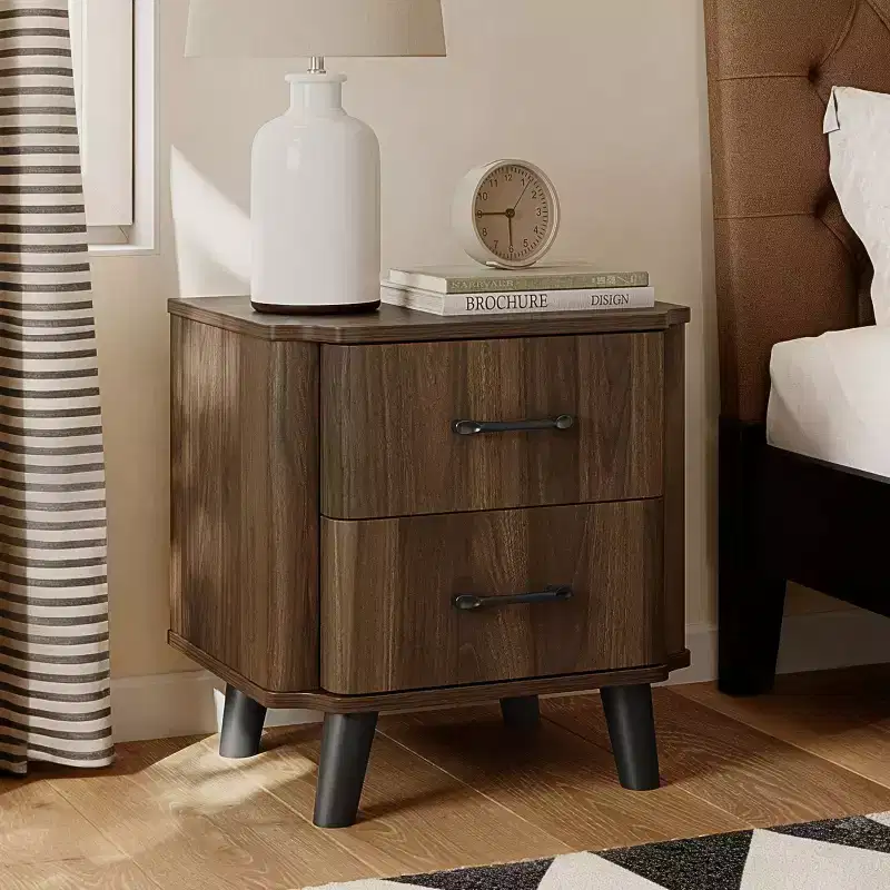 LuxenHome Mid Century Modern Nightstand, 20 Walnut Night Stand with Curved Edge, Dark Brown Nightstand with Drawers