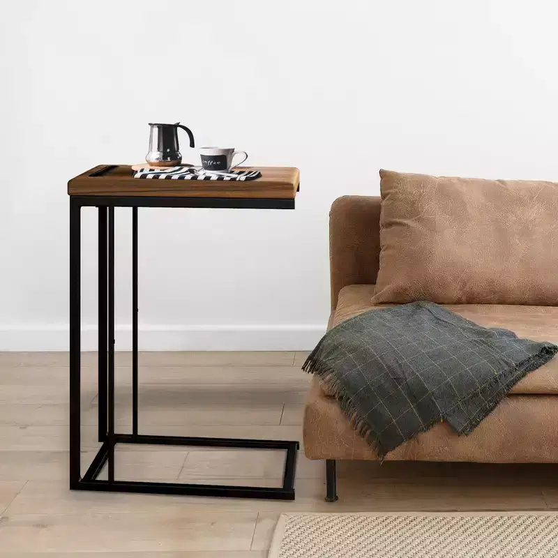 C-Shaped Slide-Under Sofa Side Table with Coffee Top, Black Metal Frame