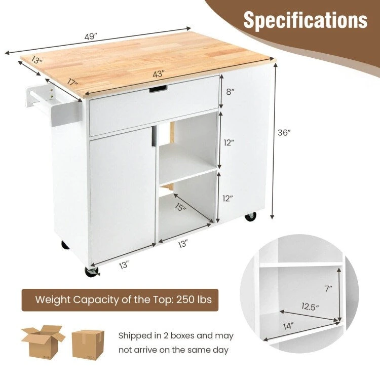 Drop-Leaf Kitchen Island with Rubber Wood Top - 49 x 30 x 36(L x W x H)