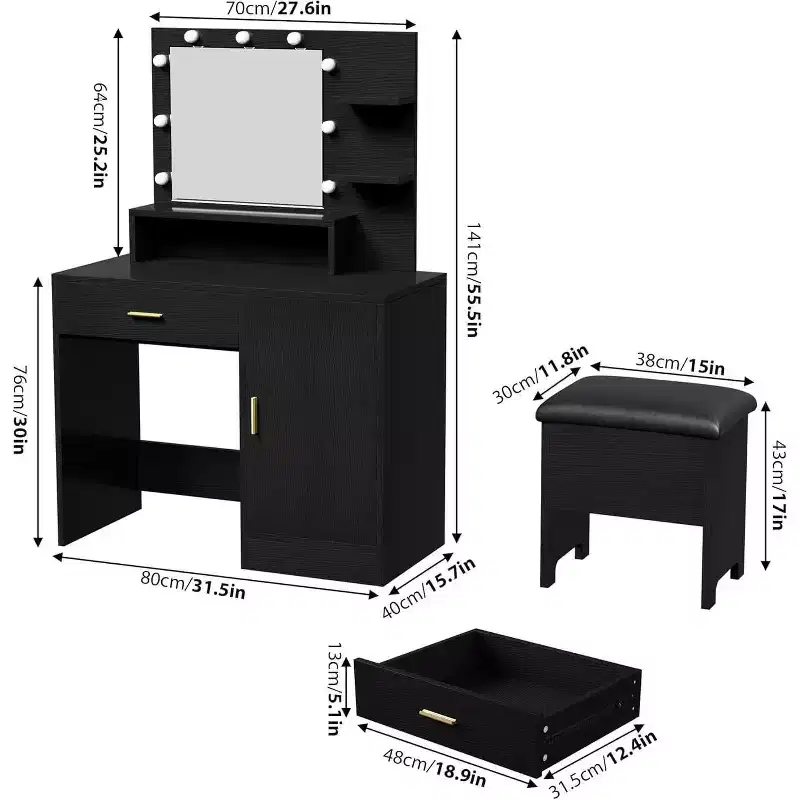 Acekool Black Vanity Desk Set with Mirror, Bulbs, Drawers, Shelves, Upholstered Stool, Storage Cabinet, Bedroom Dressing Table