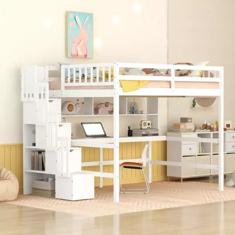 MAYEERTY Full Size Loft Bed with Built In Desk Bookshelves and Storage Staircase White for Bedroom