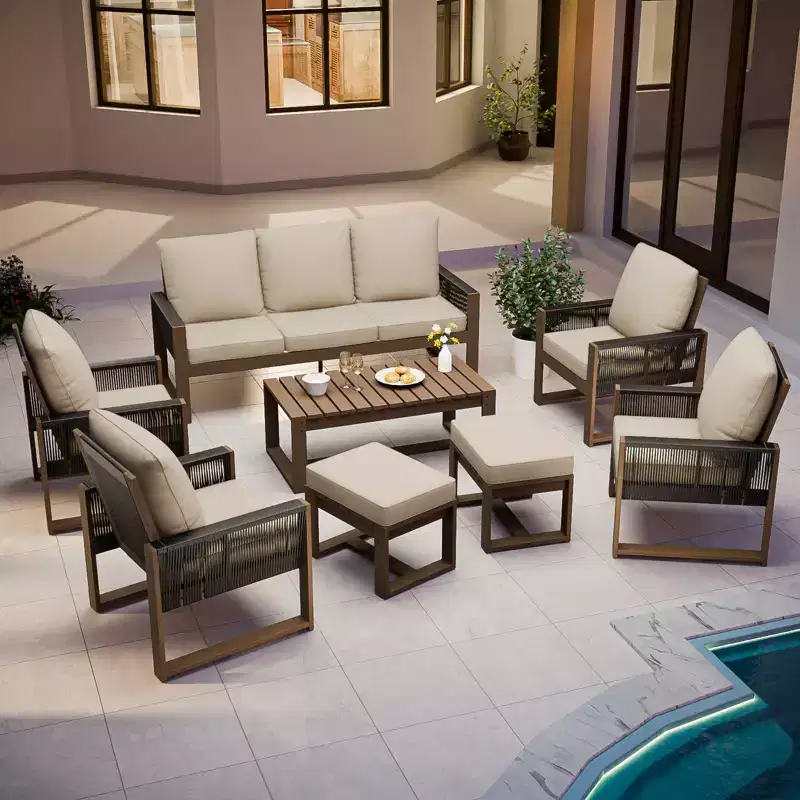 EAGLE PEAK Natural Cedar Wood Conversation Set, Outdoor Patio Furniture with 2 Ottomans and Coffee Table
