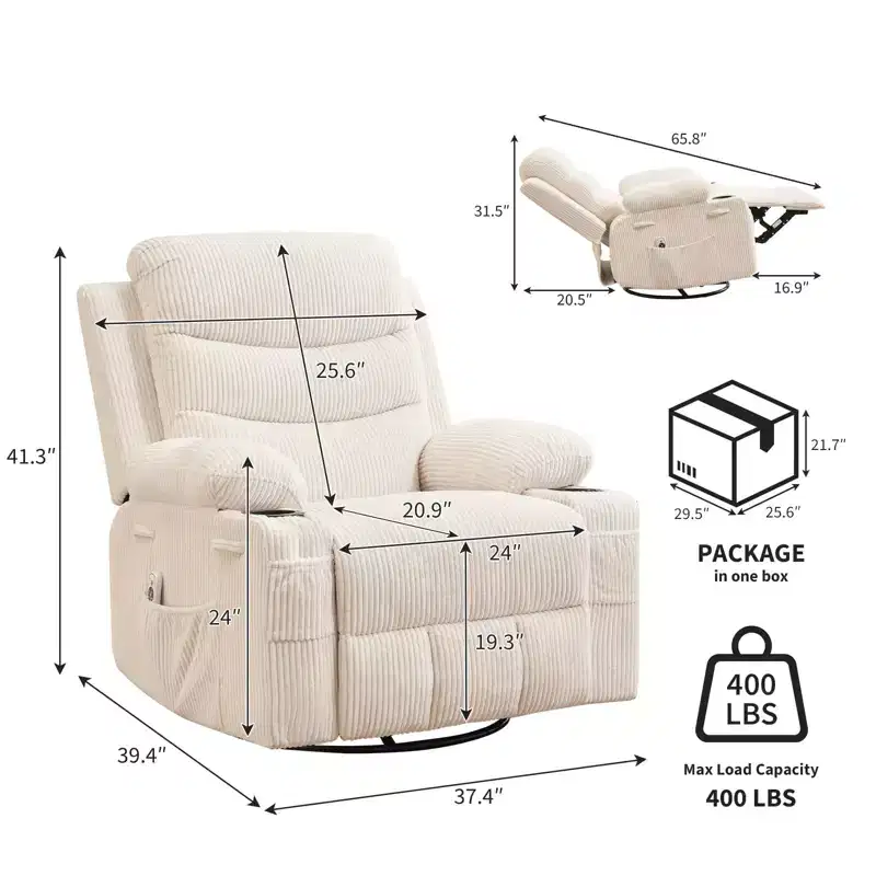 Recliner Chair Nursery, Manual Reclining Rocking Chair, 360 Swivel Glider with Cup Holder, Massage and Heat Recliner, Indoor Single Sofa Chairs