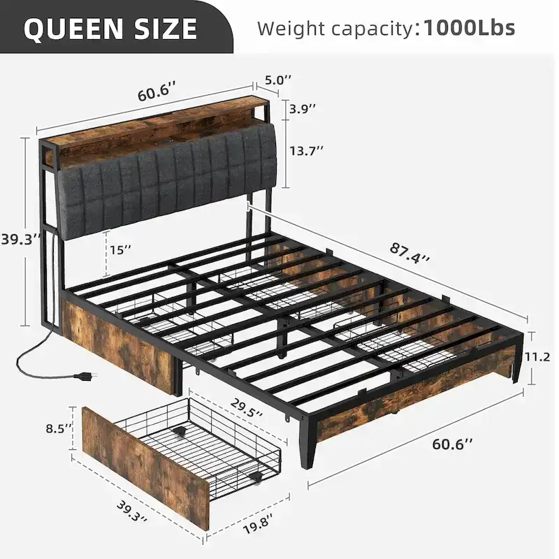 Moasis Storage Platform Bed Frame with Power Outlets and 4 Storage Drawers