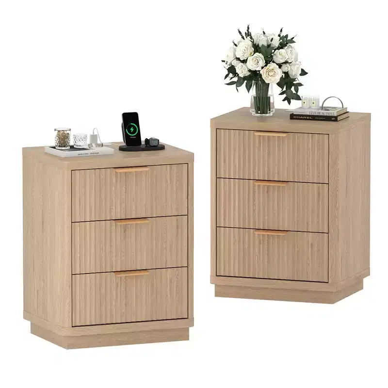 Natural Fluted Nightstand Set of 2 C Modern Farmhouse Bedside Tables with Charging Station & 3-Drawer Storage (Mid-Century Style)