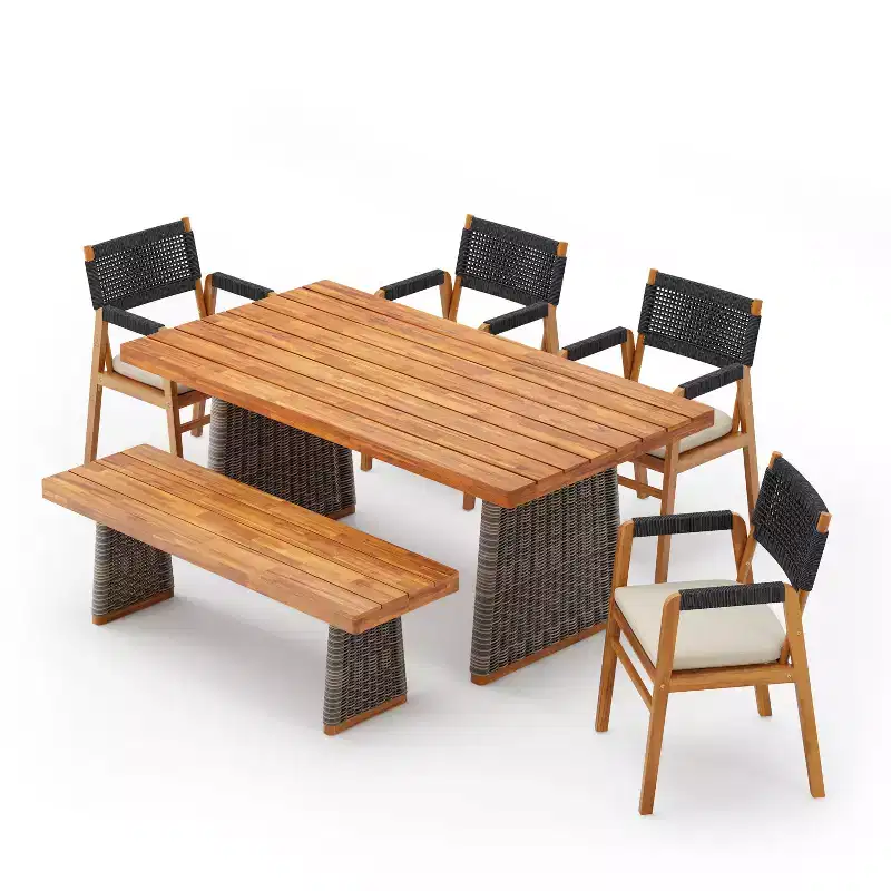 Christopher Knight Home Amara Rustic 6 Piece Outdoor Acacia Wood Dining Set with Rattan Slatted Table and Cushions