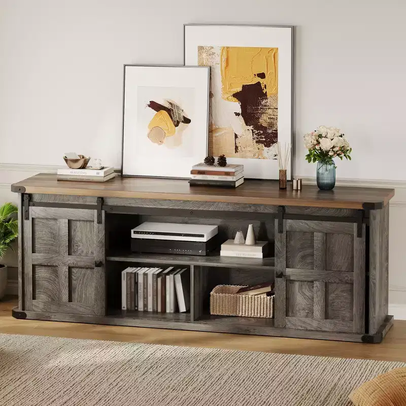 70 Farmhouse TV Stand for 80/75/70 Inch TVs, Storage Cabinets with Sliding Barn Door, Rustic TV Stands for Living Room, Media Console Cabinet