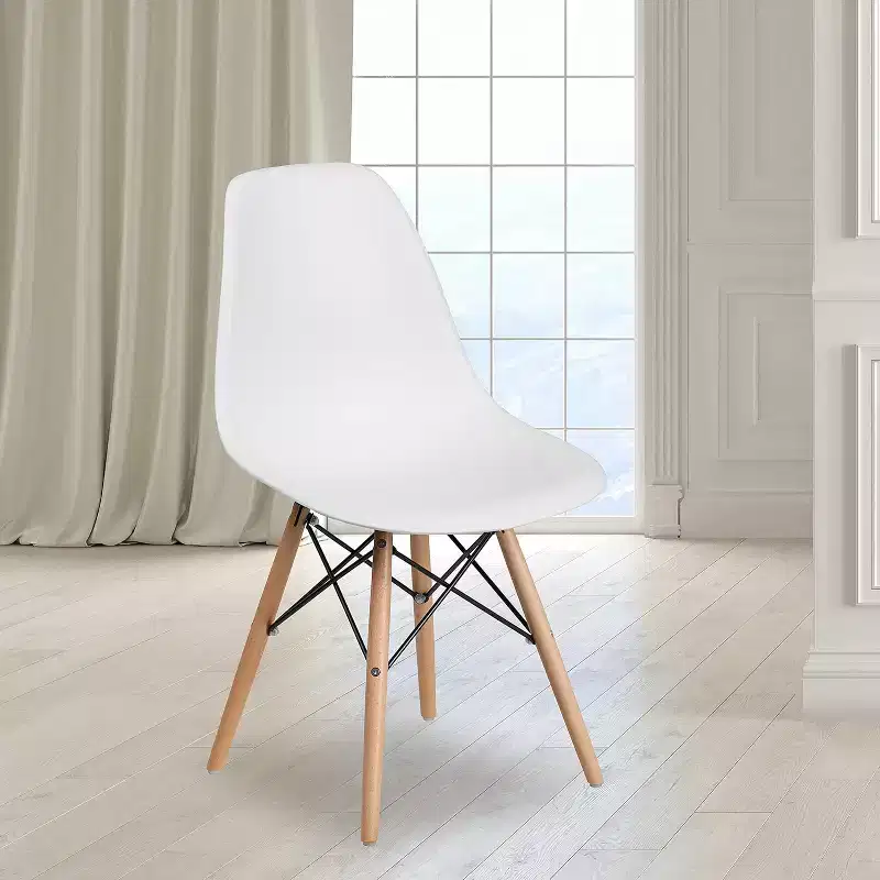 Summit Adventure Elon Series Plastic Modern Dining Chair with Wooden Legs, Mid-Century Modern Accent Chair for Dining Rooms and Offices, White