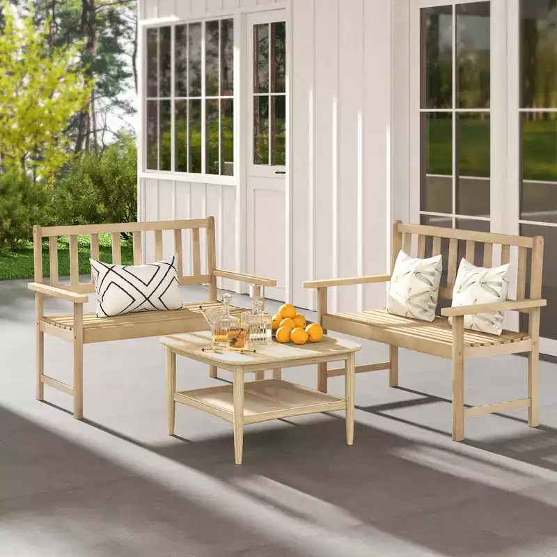 Costway Indonesia Teak Wood Garden Bench 2-Person Patio Bench with Backrest & Armrests Natural