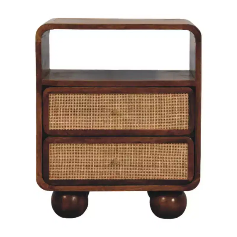 22 Chestnut And Natural Solid Wood Cane Rattan Two Drawer Nightstand