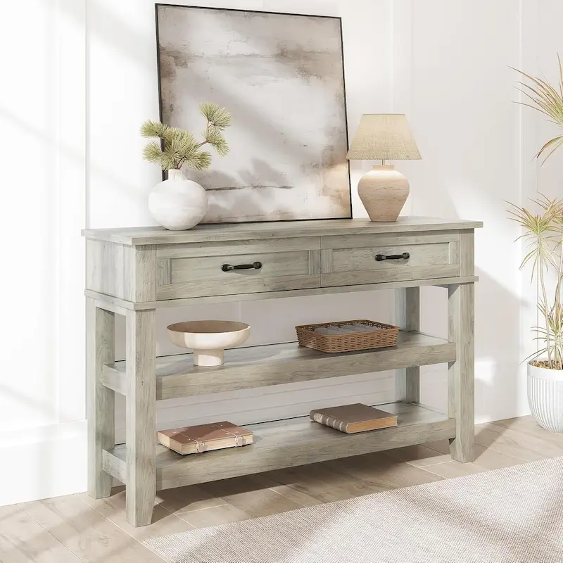 Farmhouse Console Table, Rustic Entryway Table with 2 Drawers and 2 Shelves, Wood Sofa Table Entryway Desk