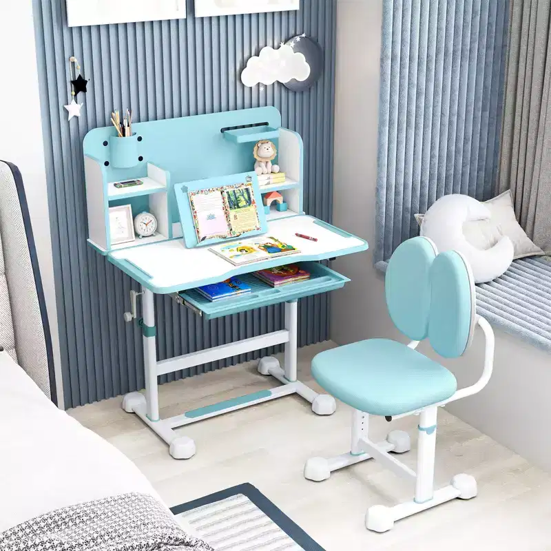 Costway Kids Study Desk & Chair Set with Tilt Desktop, Pen Holder & Tray, Reading Stand Blue/Gray