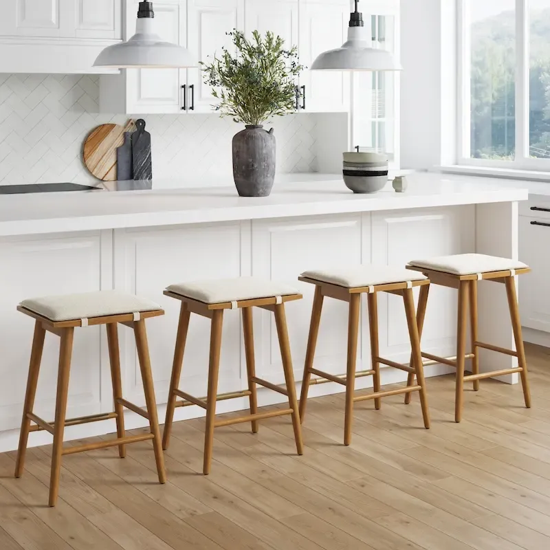 Boucle Upholstered Backless Counter Height Barstool with Cushion, Metal Legs, Modern Style