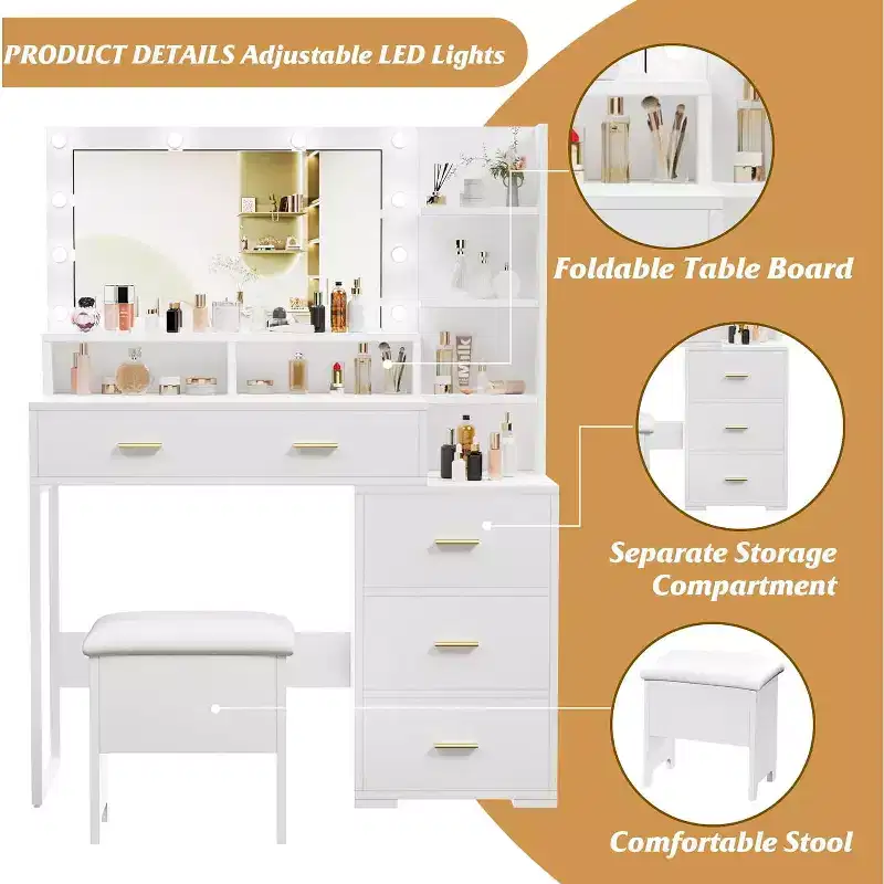 Makeup Vanity Desk with Mirror and 9 LED Light Bulbs, Vanity Dressing Table with Storage Drawers, Open Shelves for Bedroom